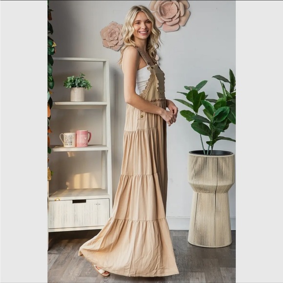 Beige brown khaki ruffle lace embroidered overall flare boho leg wide jumpsuit - Picture 8 of 12